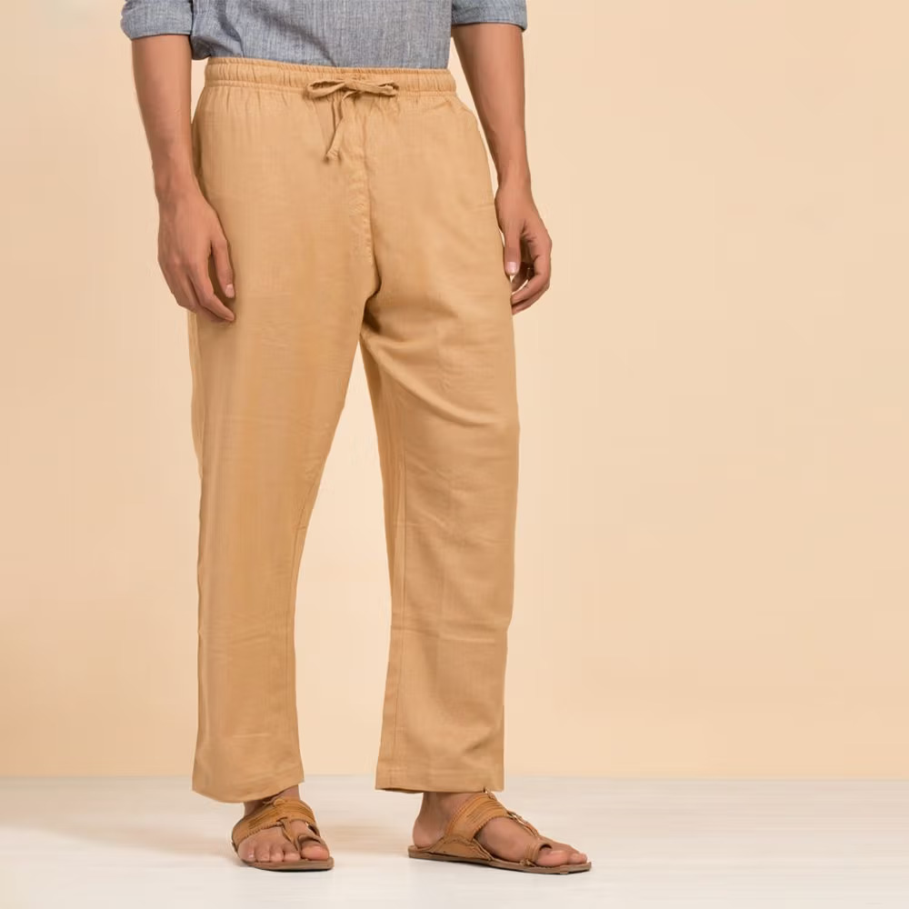 Men's Organic Cotton Drawstring Pants (Khaki). Breathable fabric. Comfortable for Sadhana. - Image 2