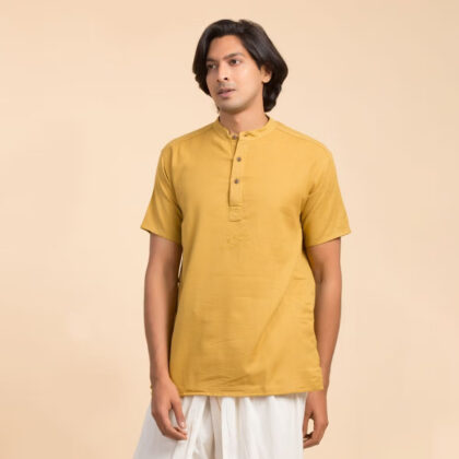 Men’s 100% organic cotton kurta with embroidered (Mustard) “Aum”. Short sleeved short kurta. Relaxed fit. GOTS Certified.