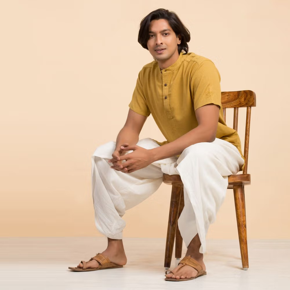 Men’s 100% organic cotton kurta with embroidered (Mustard) "Aum". Short sleeved short kurta. Relaxed fit. GOTS Certified. - Image 2