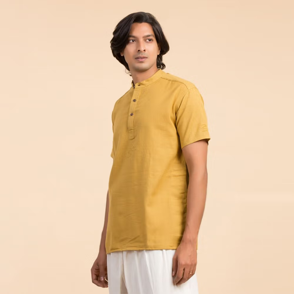 Men’s 100% organic cotton kurta with embroidered (Mustard) "Aum". Short sleeved short kurta. Relaxed fit. GOTS Certified. - Image 3