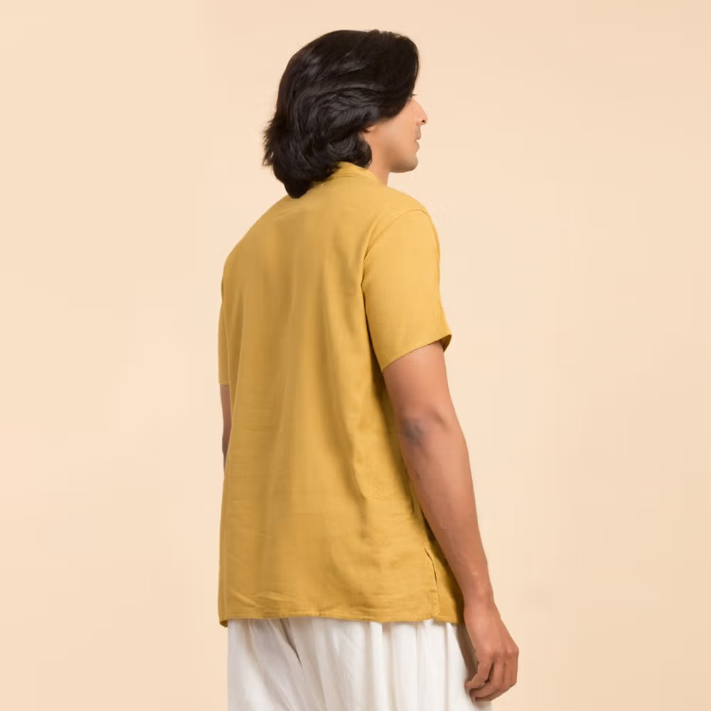 Men’s 100% organic cotton kurta with embroidered (Mustard) "Aum". Short sleeved short kurta. Relaxed fit. GOTS Certified. - Image 4
