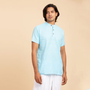 Men’s 100% organic cotton kurta with embroidered (Sky) "Aum". Short sleeved short kurta. Relaxed fit. GOTS Certified
