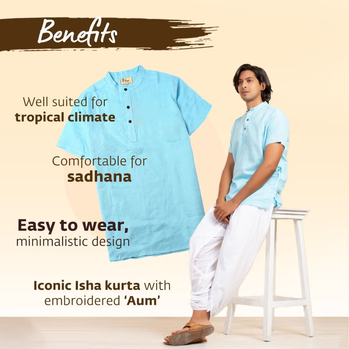 Men’s 100% organic cotton kurta with embroidered (Mustard) "Aum". Short sleeved short kurta. Relaxed fit. GOTS Certified. - Image 6