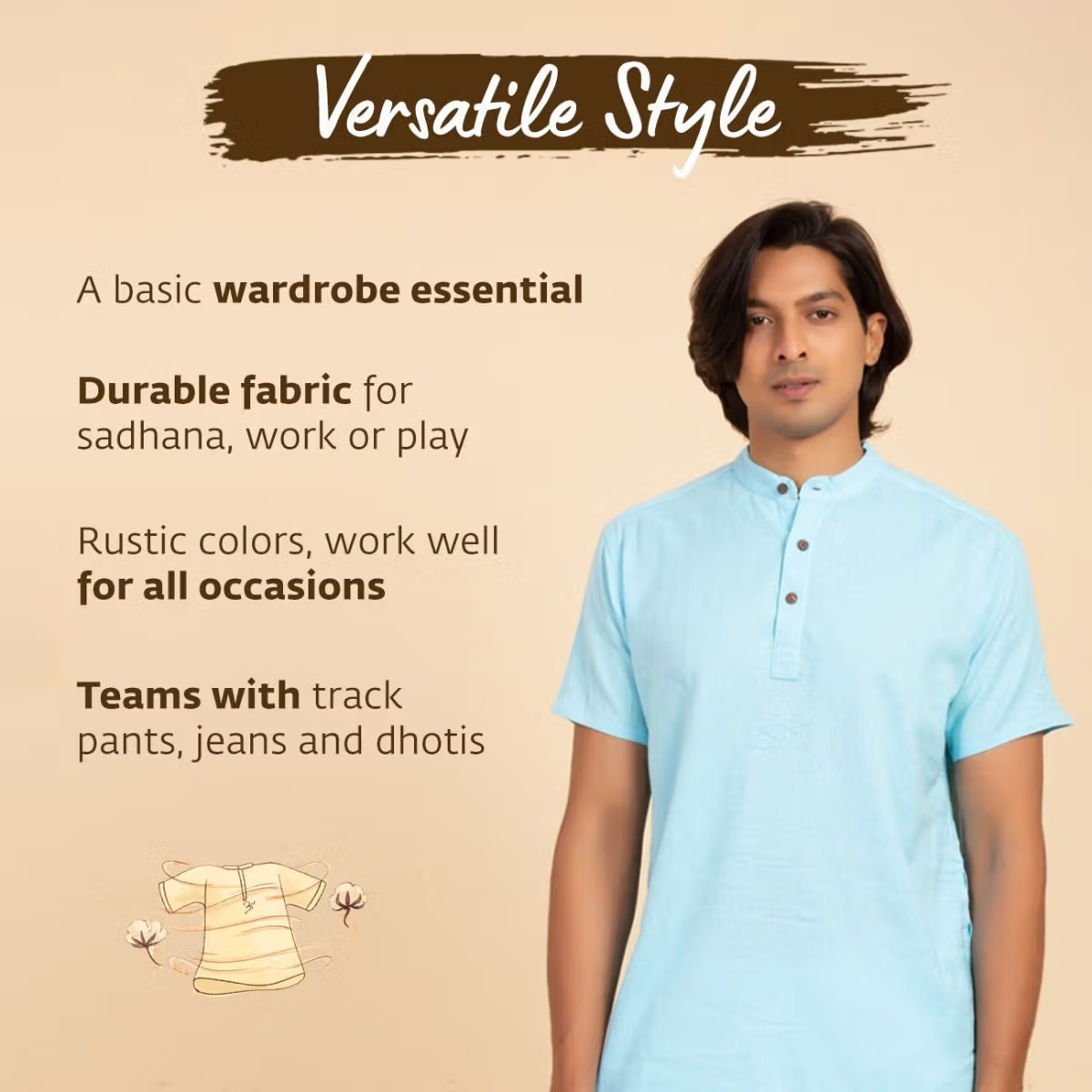 Men’s 100% organic cotton kurta with embroidered (Sky) "Aum". Short sleeved short kurta. Relaxed fit. GOTS Certified - Image 12