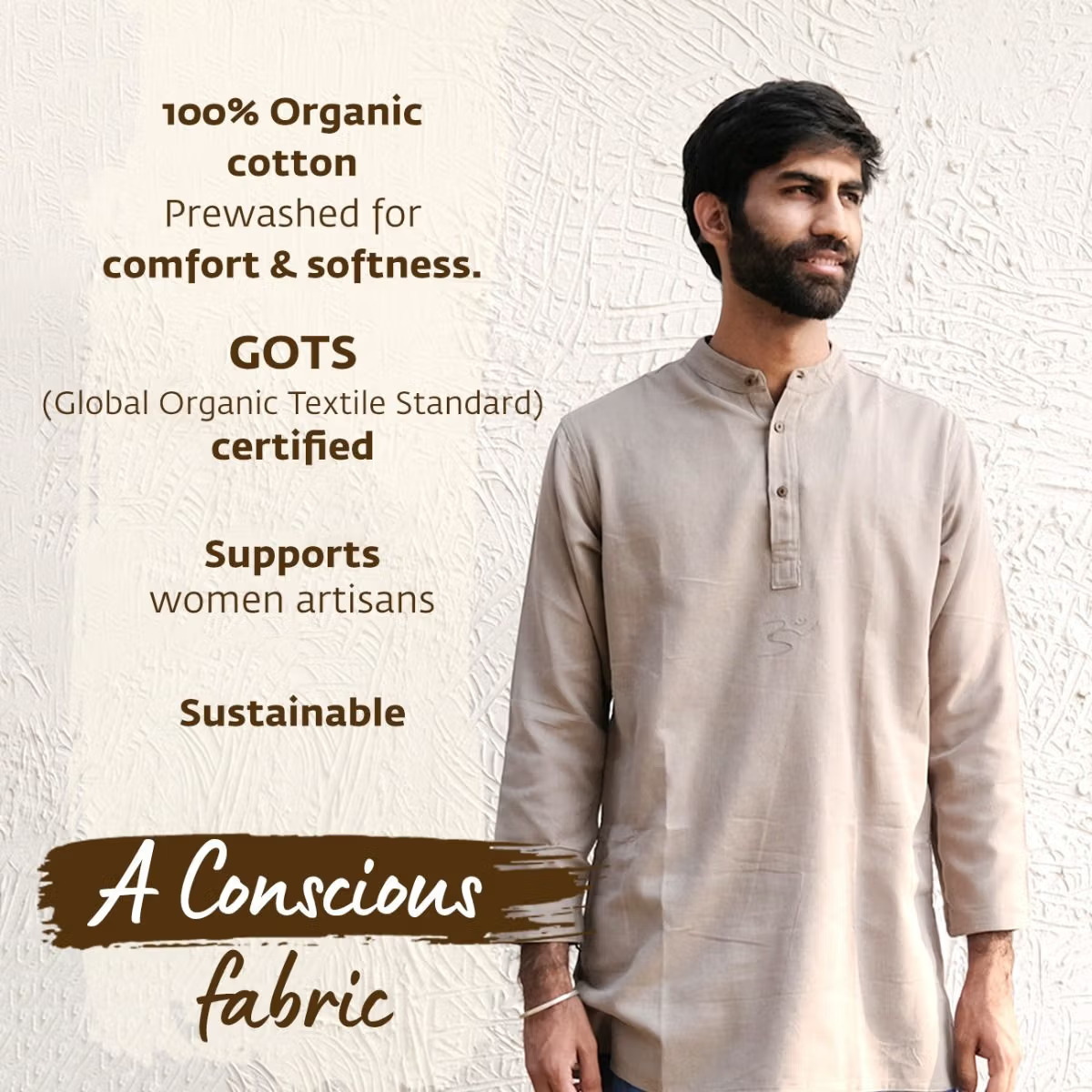 Men’s 100% organic cotton kurta with embroidered (Mustard) "Aum". Short sleeved short kurta. Relaxed fit. GOTS Certified. - Image 5